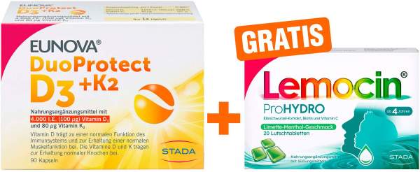 Eunova DuoProtect D3+K2 4000 I.E. 90 Kapseln + gratis Lemocin ProHydro 20 Lutschtabletten