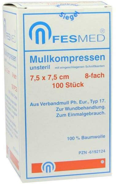 Mullkompressen Es 7,5 X 7,5 cm 8 - Fach Unsteril 100 Kompressen