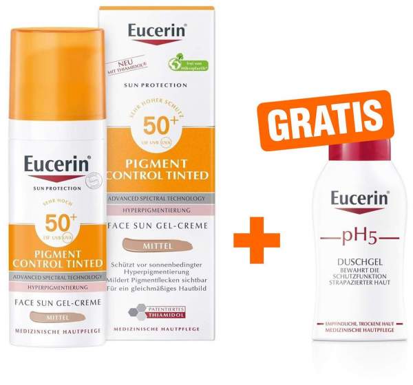 Eucerin Sun Pigment Control Face Fluid Getönt (Mittel) LSF 50+ 50 ml + gratis pH 5 empfindliche Haut Duschgel 50 ml