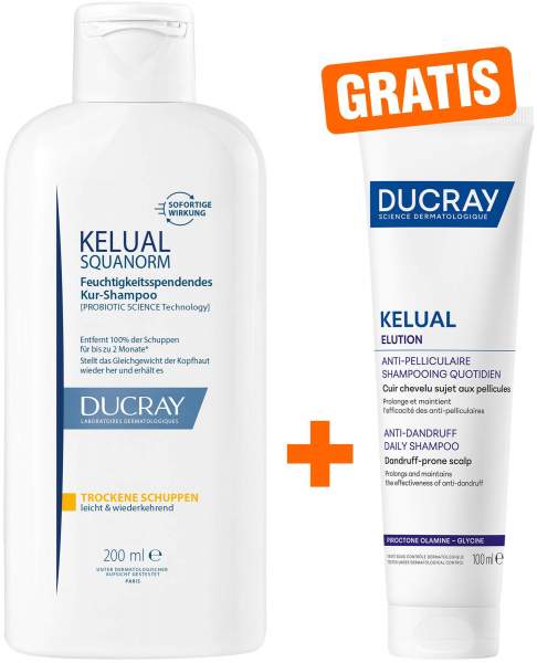 Ducray Kelual Squanorm trockene Schuppen 200 ml Shampoo + gratis Ducray Elution ausgl. Shampoo 100 ml