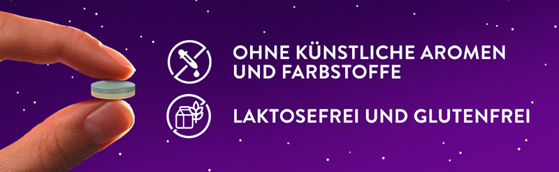 Gezeigt wird die Zwei-Schicht-Tablette von WICK ZzzQuil Gute Nacht Ein- und Durchschlafen. Sie enthält keine künstlichen Aromen und Farbstoffe und ist laktose- und glutenfrei.