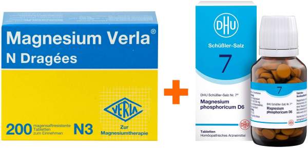 Magnesium Verla N 200 Dragees + Biochemie DHU Nr.7 Magnesium phosphoricum D6 200 Tabletten