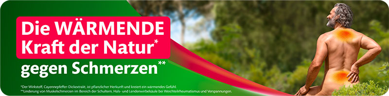 Nackter Mann von hinten ist zu sehen. Er steht im Wald. An seinem Körper sind Schmerzpunkte markiert. Der Text sagt: Die wärmende Kraft der Natur gegen Schmerzen.