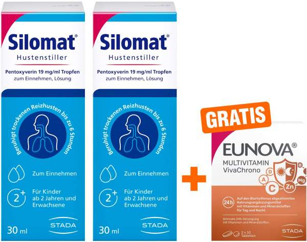 Silomat Hustenstiller Pentoxyverin 19 mg je ml 2 x 30 ml Tropfen + gratis Eunova VivaChrono 2 x 10 Tabletten