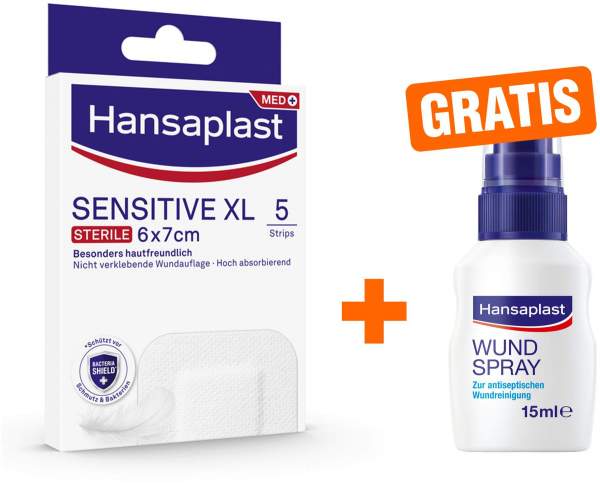 Hansaplast Sensitive XL Plaster 6 x 7 cm 5 Stück + gratis Wundspray zur Wundreinigung 15 ml