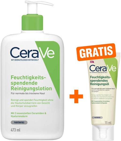 CeraVe Feuchtigkeitsspendende Reinigungslotion 473 ml + gratis Feuchtigkeitspendendes Reinigungsöl 15 ml