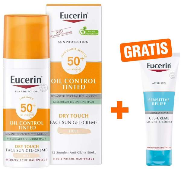 Eucerin Sun Oil Control Face Fluid Getönt (Hell) LSF 50+ 50 ml + gratis Sensitive After Sun 50 ml