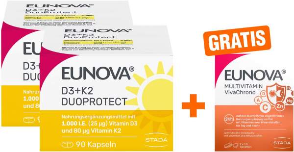 Eunova DuoProtect D3 + K2 1000 I.E. 2 x 90 Kapseln + gratis Eunova VivaChrono 2 x 10 Tabletten