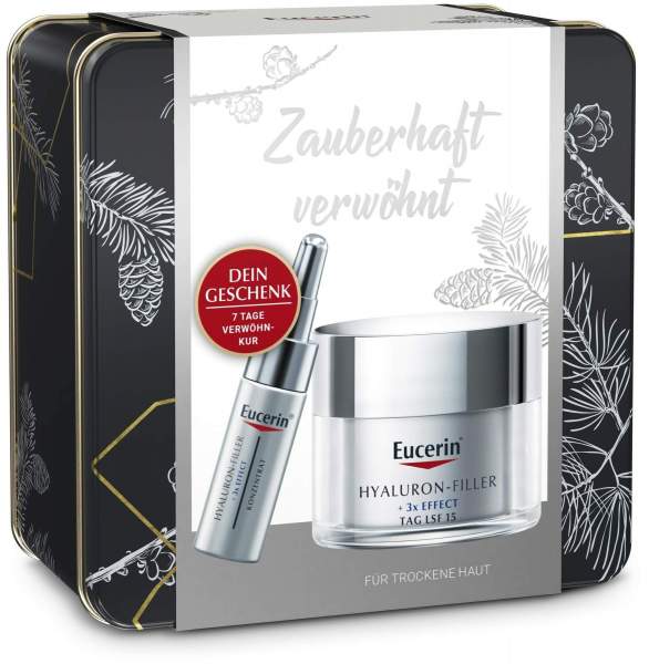 Eucerin Weihnachtsset Hyaluron Filler Tagespflege trockene Haut 50 ml + gratis Filler Serum 5 ml Konzentrat in Metallbox