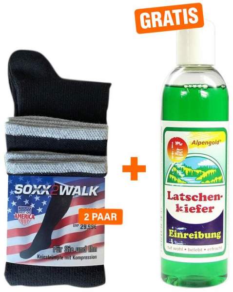 SOXX2WALK Kniestrümpfe mit Kompression, Gr.43-46, 2er Set + gratis Latschenkiefer Einreibung 250 ml
