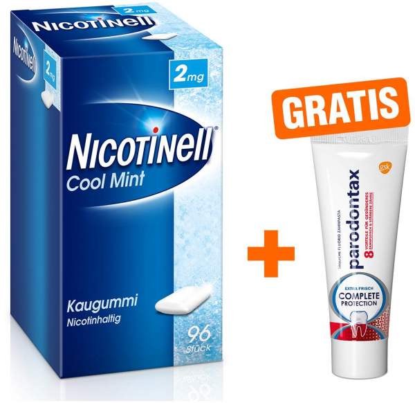 Nicotinell Kaugummi 2 mg Cool Mint 96 Stück + gratis Parodontax Complete Protection 15 ml