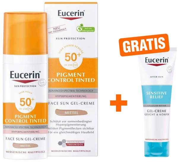 Eucerin Sun Pigment Control Face Fluid Getönt (Mittel) LSF 50+ 50 ml + gratis Sensitive After Sun 50 ml