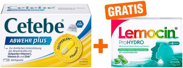 Cetebe Abwehr plus Vitamin C + Vitamin D3 + Zink Kapseln + gratis Lemocin ProHydro 20 Lutschtabletten