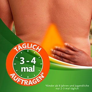 Im unteren Bereich eines Rückens trägt eine Hand Schmerzsalbe auf. Der Text sagt täglich drei bis viermal auftragen. Kinder und Jugendliche tragen die Schmerzsalbe nur zwei bis dreimal täglich auf.