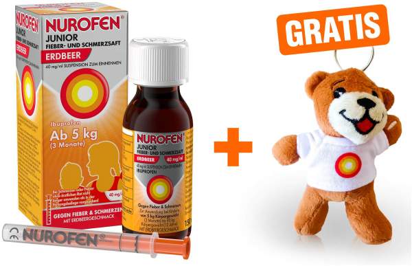 Nurofen Junior Fieber- &amp; Schmerz aft 40 mg pro ml 150 ml Erdbeergeschmack + gratis Nurobär Schlüsselanhänger
