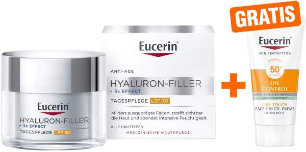 Eucerin Hyaluron Filler Tagespflege LSF30 50 ml Creme + gratis Eucerin Sun Gel-Creme Oil Control 20 ml
