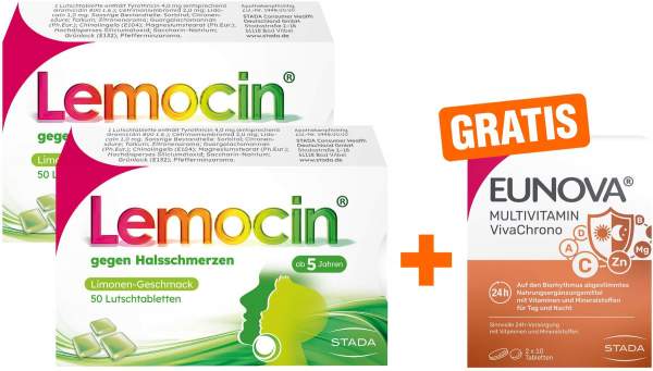 Lemocin gegen Halsschmerzen 2 x 50 Lutschtabletten + gratis Eunova VivaChrono 2 x 10 Tabletten
