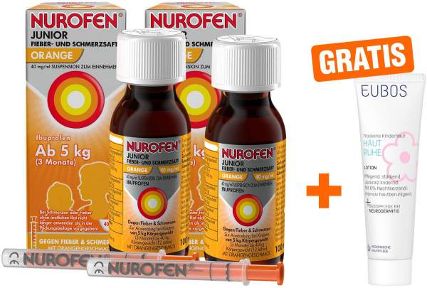 Nurofen Junior Fieber- &amp; Schmerzsaft Orange 40mg 2 x 100 ml + gratis Eubos Kinder Haut Ruhe Lotion 8 ml