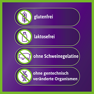 Femibion Produktvorteile: glutenfrei, laktosefrei, ohne Schweinegelatine und ohne gentechnisch veränderte Organismen.