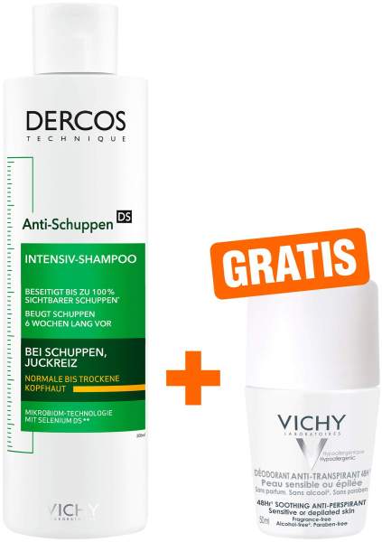 Vichy Dercos Anti-Schuppen Shampoo trockene Kopfhaut 200ml + gratis Vichy Deo Roll-on Anti Flecken 50ml