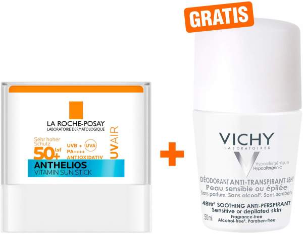 La Roche Posay Anthelios UV Air Stick LSF 50+ 9 g + gratis Vichy Deo Roll-on Anti Flecken 48h 50 ml