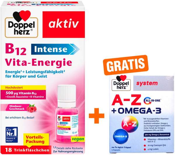 Doppelherz aktiv B12 Intense Vita-Energie 18 Trinkampullen + gratis Doppelherz A-Z + Omega-3 all-in-one system 5 Kapseln
