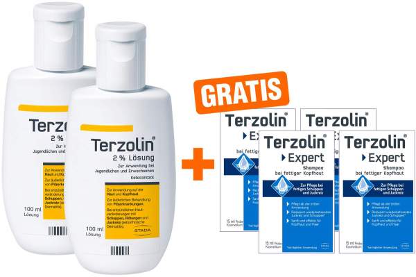 Terzolin 2% Lösung 2 x 100 ml + gratis Expert Shampoo bei fettiger Kopfhaut 4 x 15 ml