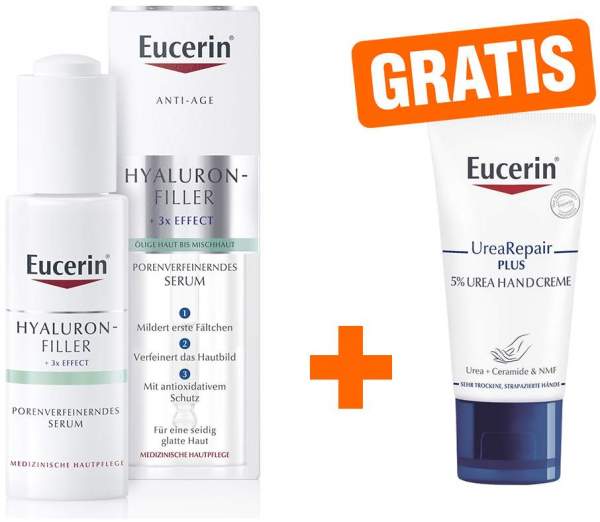 Eucerin Anti Age Hyaluron Filler Porenverfeinerndes Serum 30 ml + gratis UreaRepair Plus Handcreme 5% 30 ml