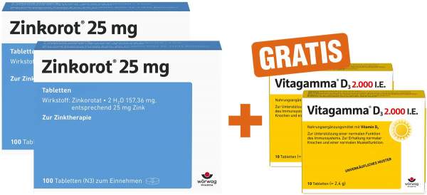 Zinkorot 25 mg 2 x 100 Tabletten + gratis Vitagamma D3 2.000 I.E. 2 x 10 Tabletten