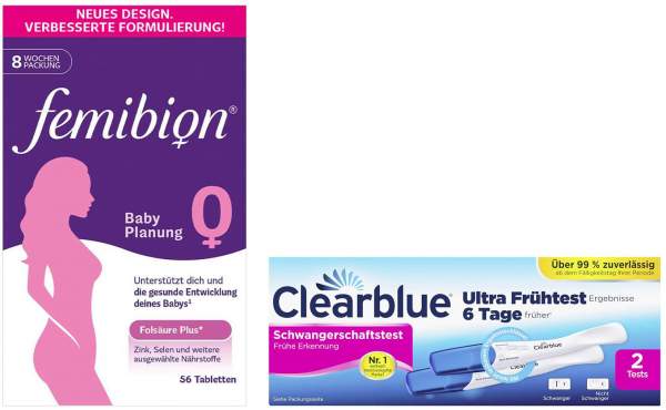 Femibion 0 Babyplanung 56 Tabletten + Clearblue Schwangerschaftstest Frühe Erkennung 2 Stück