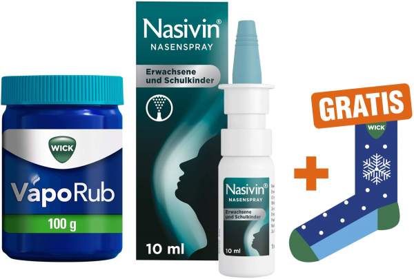 WICK VapoRub Erkältungssalbe 100 g + Nasivin Nasenspray ohne Konservierungsstoffe 10 ml + gratis Socke zu Wick 1 Stück