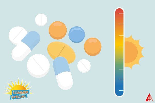 Illustrative Darstellung verschiedener Medikamenten wie Tabletten und Kapseln in Kombination mit einem Thermometer und einer Sonne.