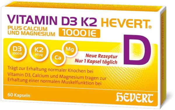 Vitamin D3 K2 Hevert + Calcium und Magnesium 1000IE 60 Kapseln