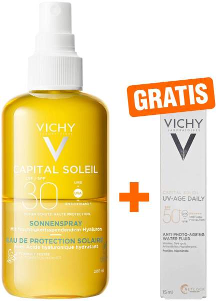Vichy Capital Soleil Sonnenspray mit Hyaluron LSF30 200 ml + gratis Vichy Capital Soleil UV-Age Daily LSF 50+ 15 ml