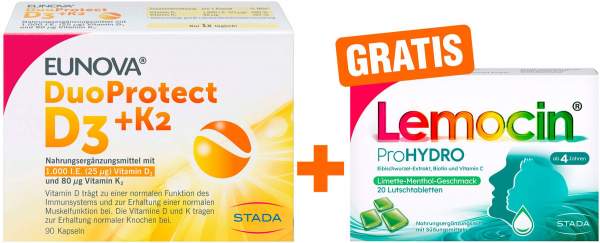 Eunova DuoProtect D3+K2 1000 I.E. 90 Kapseln + gratis Lemocin ProHydro 20 Lutschtabletten