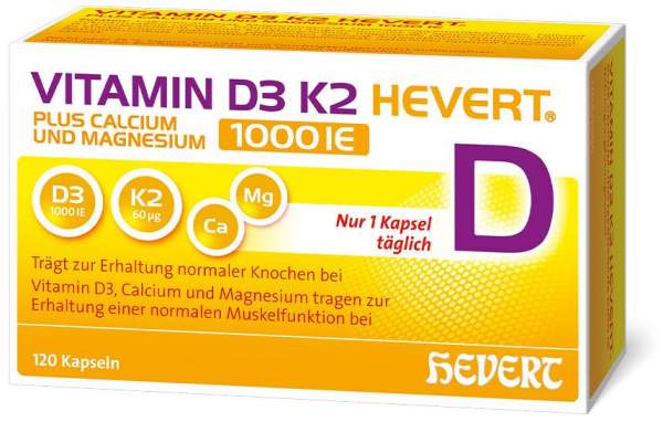 Vitamin D3 K2 Hevert + Calcium und Magnesium 1000IE 120 Kapseln