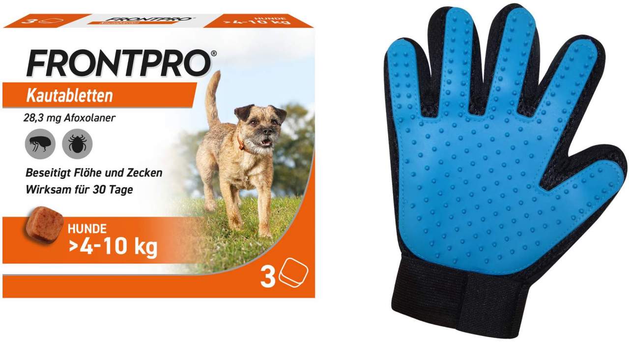 Frontpro 28,3 mg für Hunde 4-10 kg 3 Kautabletten + gratis Fellhandschuh