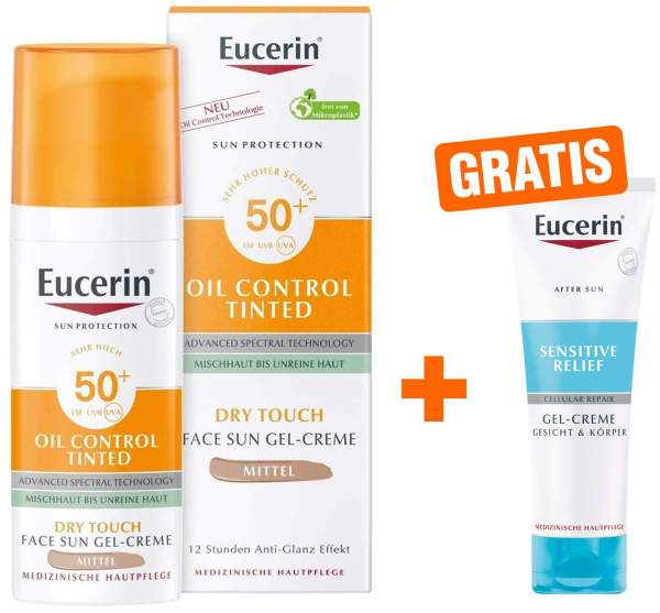 Eucerin Sun Oil Control Face Fluid Getönt (Mittel) LSF 50+ 50 ml + gratis Sensitive After Sun 50 ml Creme