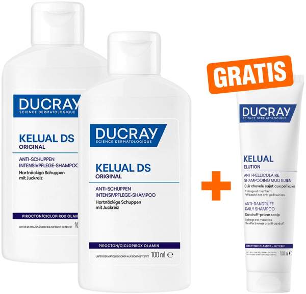 Ducray Kelual DS Shampoo 2 x 100 ml + gratis Elution ausgl.Shampoo 100 ml