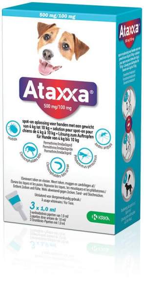 Ataxxa 500 mg-100 mg Lösung zum Auftropfen für Hunde von 4-10 kg 3 Pipetten