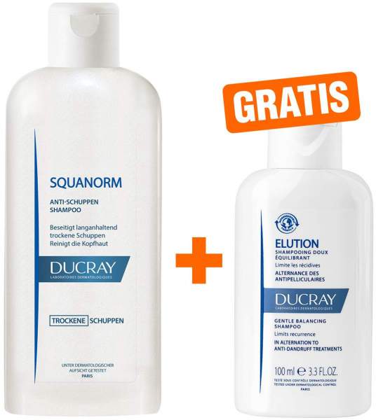 Ducray Squanorm trockene Schuppen Shampoo 200 ml + gratis Elution ausgl. Shampoo 100 ml