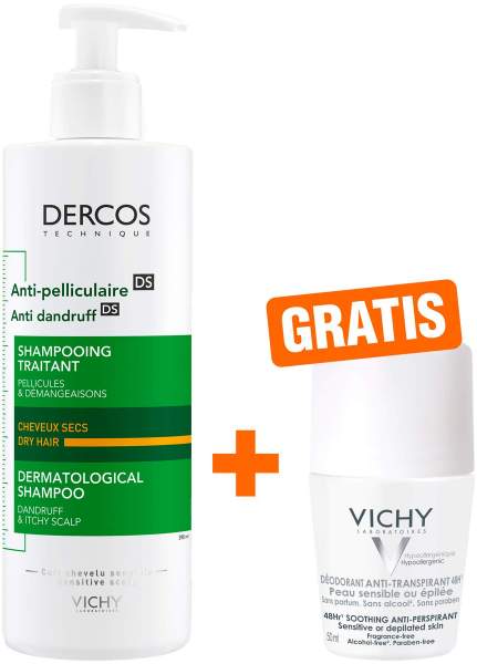 Vichy Dercos Anti Schuppen Shampoo trockene Kopfhaut + gratis Vichy Deo Roll-on Anti Flecken 48h 50 ml