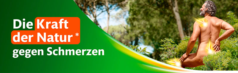 Nackter Mann von hinten ist zu sehen. Er steht mitten im Wald. An seinem Körper sind Schmerzpunkte markiert. Der Text sagt: Die Kraft der Natur gegen Schmerzen.