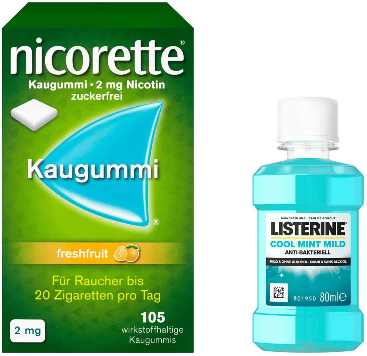 Nicorette 2 mg Freshfruit Kaugummi 105 Stück + gratis Listerine Cool Mint 80 ml