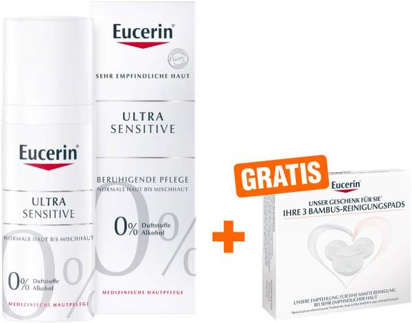 Eucerin UltraSensitive beruhigende Pflege 50ml + gratis Bambus Reinigungspads 3 Stück