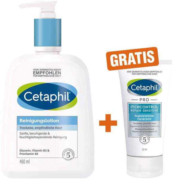 Cetaphil Reinigungslotion 460 ml + gratis Pro Itch Control Repair sensitive Regenerierende Handcreme 50 ml