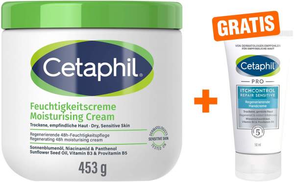 Cetaphil Feuchtigkeitscreme 453g + gratis Pro Itch Control Repair Sensitive regenerierende Handcreme 50 ml