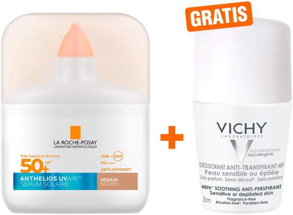 La Roche Posay Anthelios UV Air Serum LSF 50+ Getönt mittel 50 ml + gratis Vichy Deo Roll-on Anti Flecken 48h 50 ml