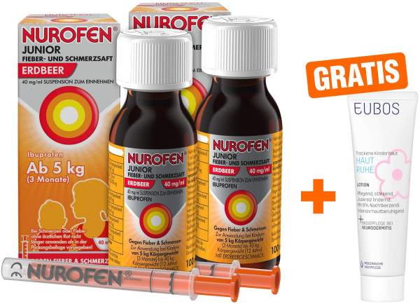 Nurofen Junior Fieber- &amp; Schmerz Saft Erdbeer 2 x 100 ml + gratis Eubos Kinder Haut Ruhe Lotion 8 ml