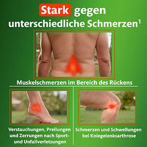 Es werden ein Rücken, ein Sprunggelenk und ein Knie gezeigt. Kytta Schmerzsalbe ist stark gegen unterschiedliche Schmerzen: Muskelschmerzen im Bereich des Rückens, Verstauchungen, Prellungen und Zerrungen nach Sport- und Unfallverletzungen und Schmerzen und Schwellungen bei Kniegelenksarthrose.